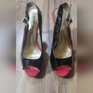 Black Peep Toe Sling back Patent shoe.